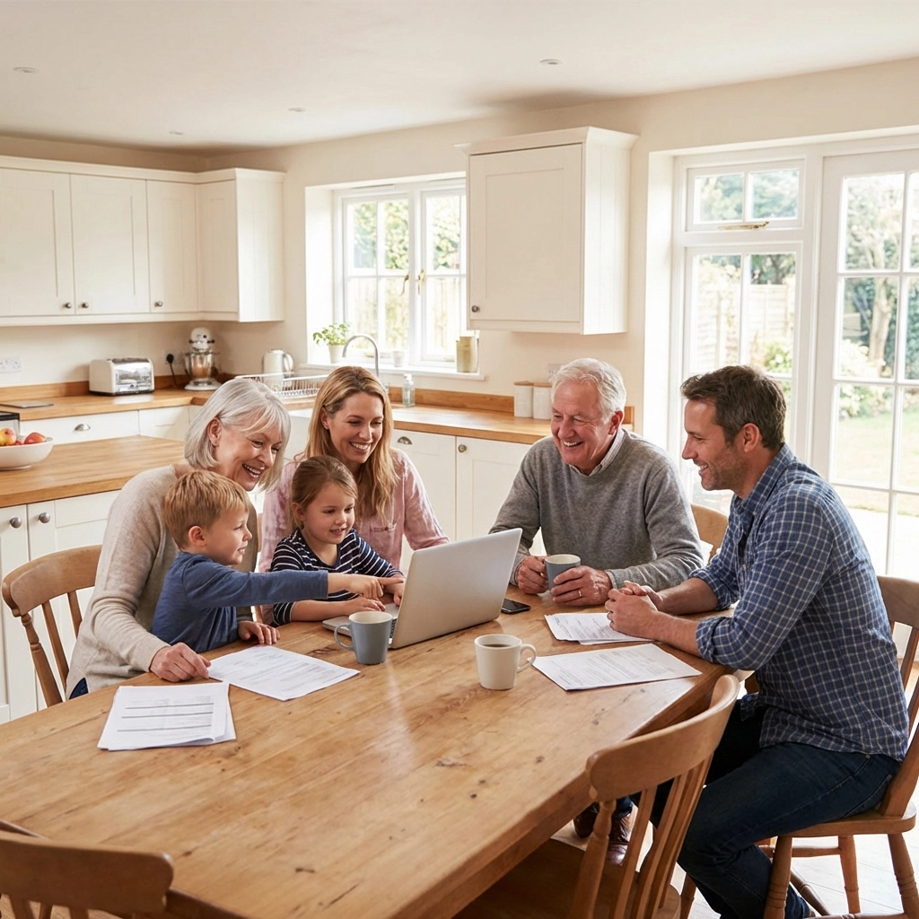 Multigenerational family reviewing finances, illustrating OBBB tax benefits for families and dependents.