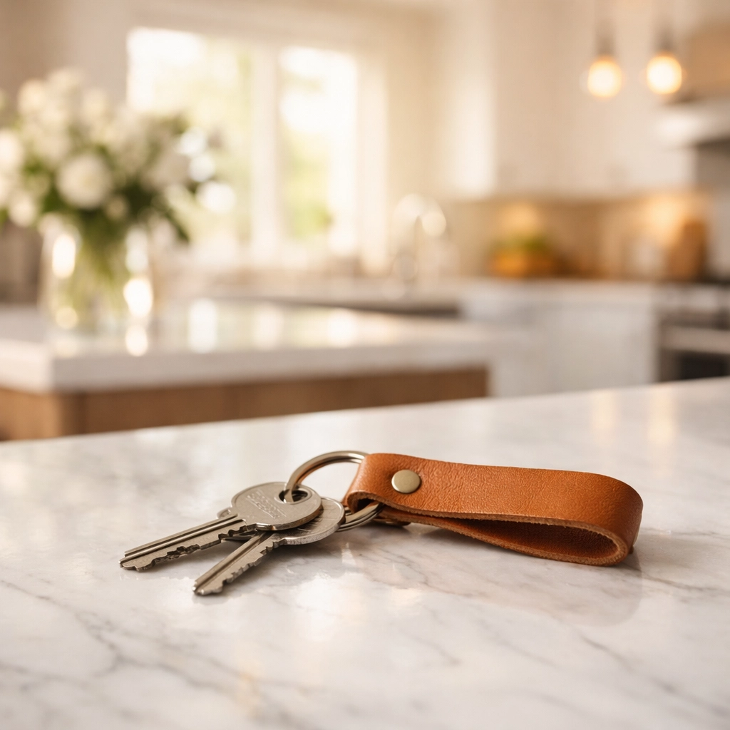House keys on a marble counter after a quick closing with Affinity Group Mortgage in Ohio.