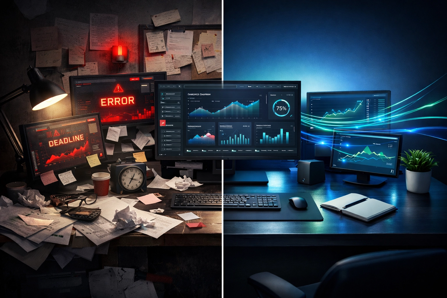 Workflow Automation 101: A Beginner's Guide to Mastering Business Process Automation 4 Before and after comparison of manual chaos transformed into organized automated workflow dashboard