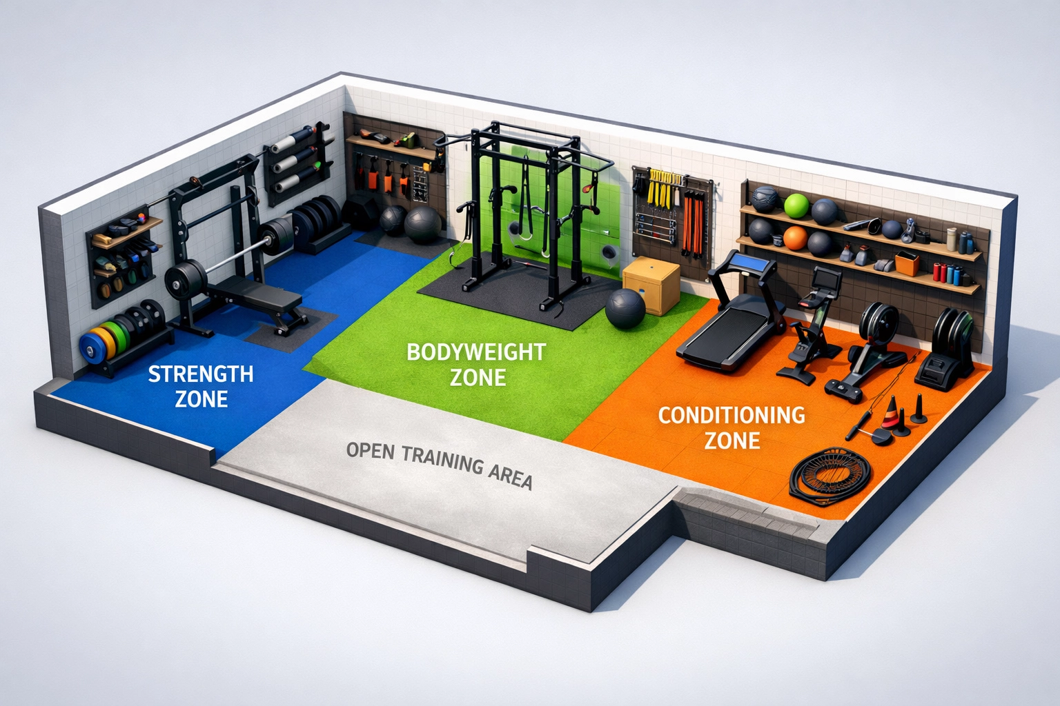 Home gym layout showing organized training zones for strength, bodyweight, and conditioning areas