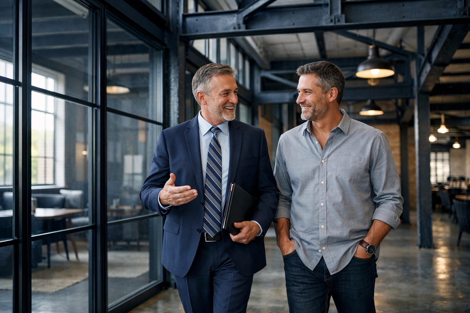 A Raleigh business broker and owner walking through a modern commercial space during a sale.