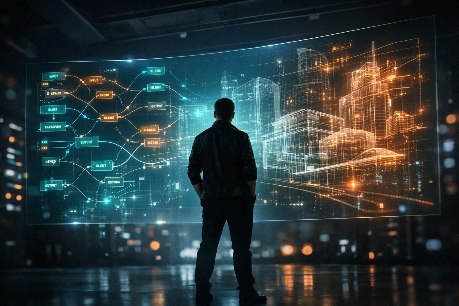 AI-Augmented Creative Director overseeing complex digital brand systems at a holographic workstation.