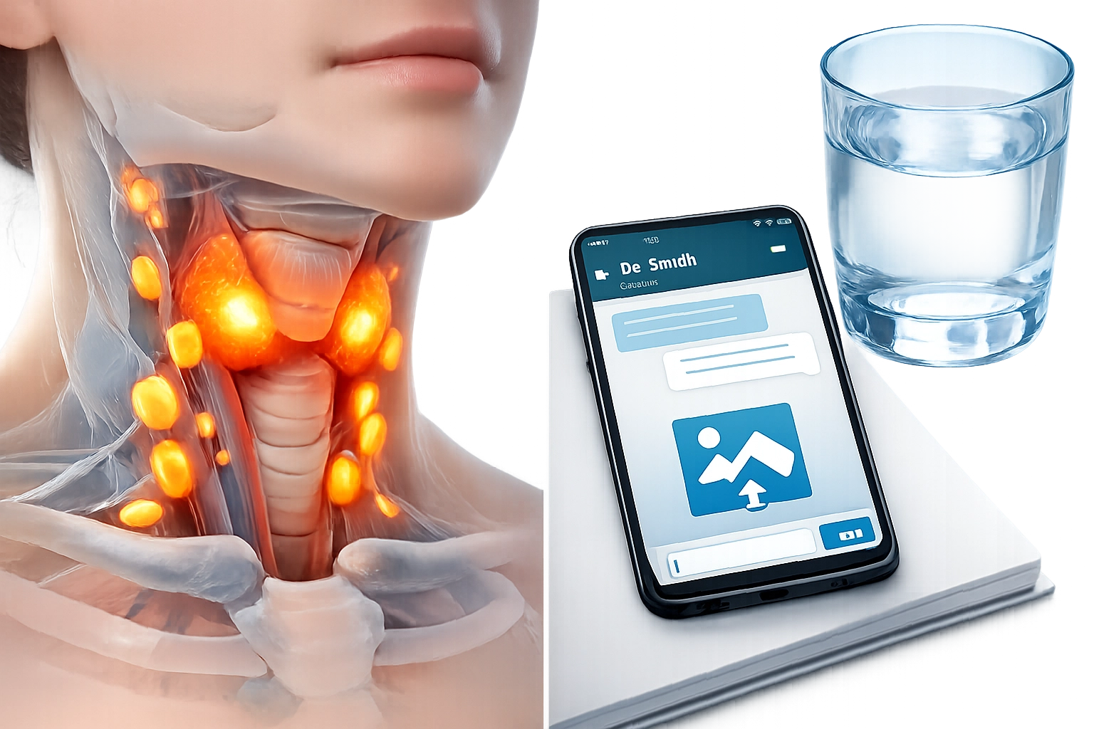 Medical illustration of inflamed tonsils and a smartphone screen for online strep throat consultation.