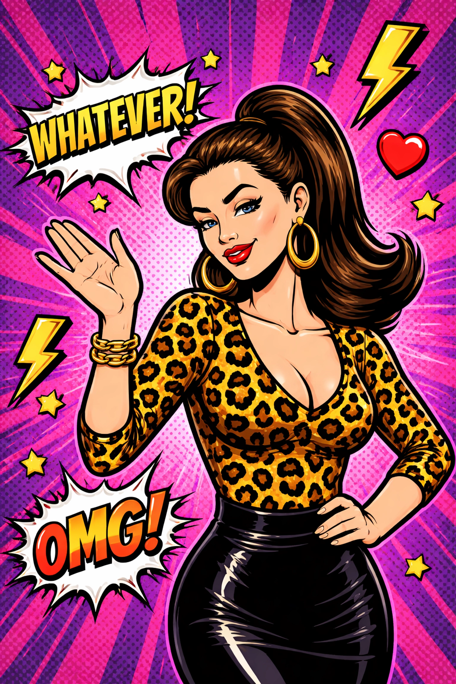 Sassy woman in leopard print dismissing bad habits, celebrating unapologetic mischief and attitude