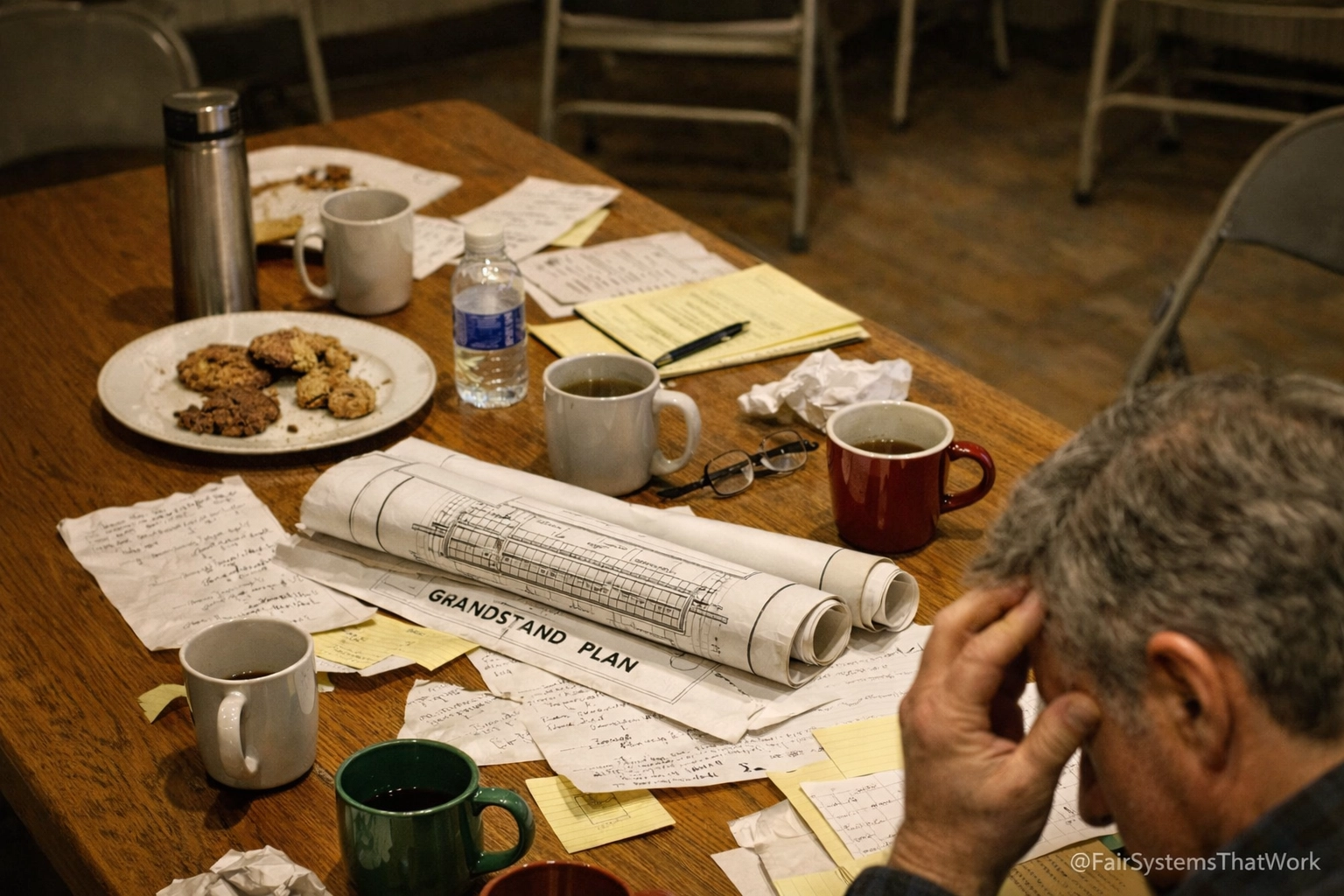 Chaotic agricultural society board meeting table with coffee and notes, illustrating poor fair governance structure.