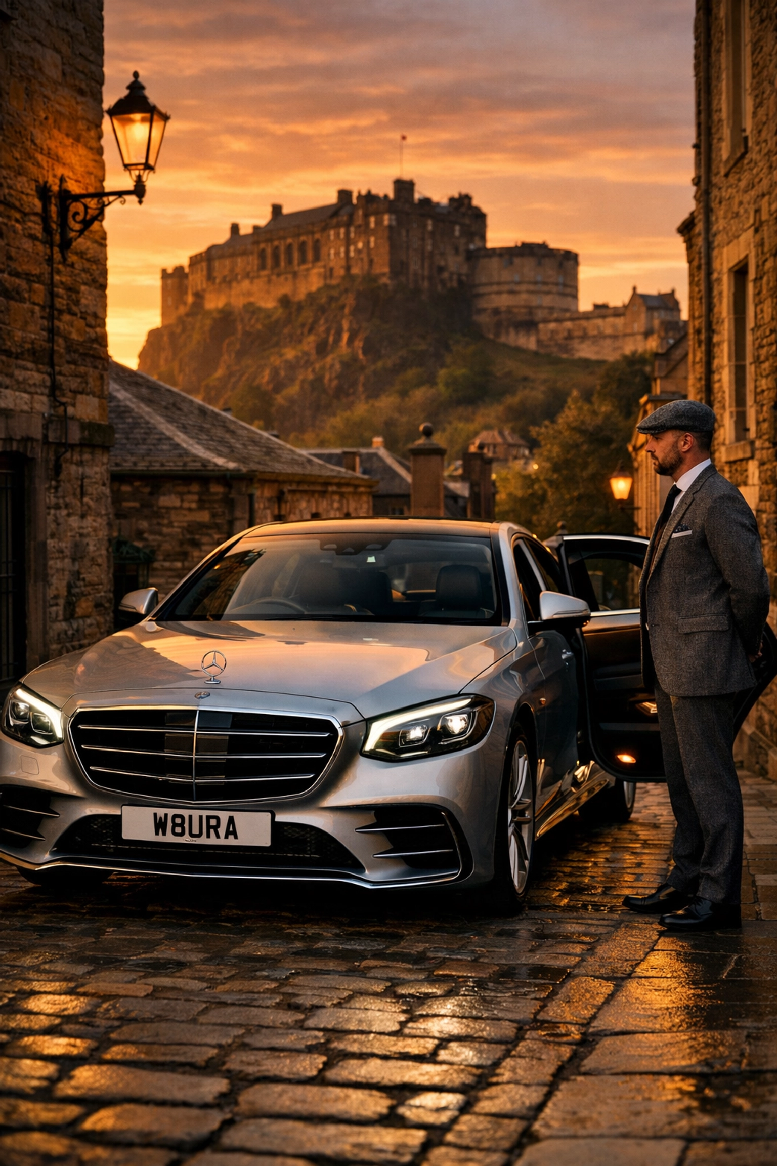Luxury Edinburgh chauffeur hire featuring a silver Mercedes-Benz in the Old Town with Edinburgh Castle at sunset.