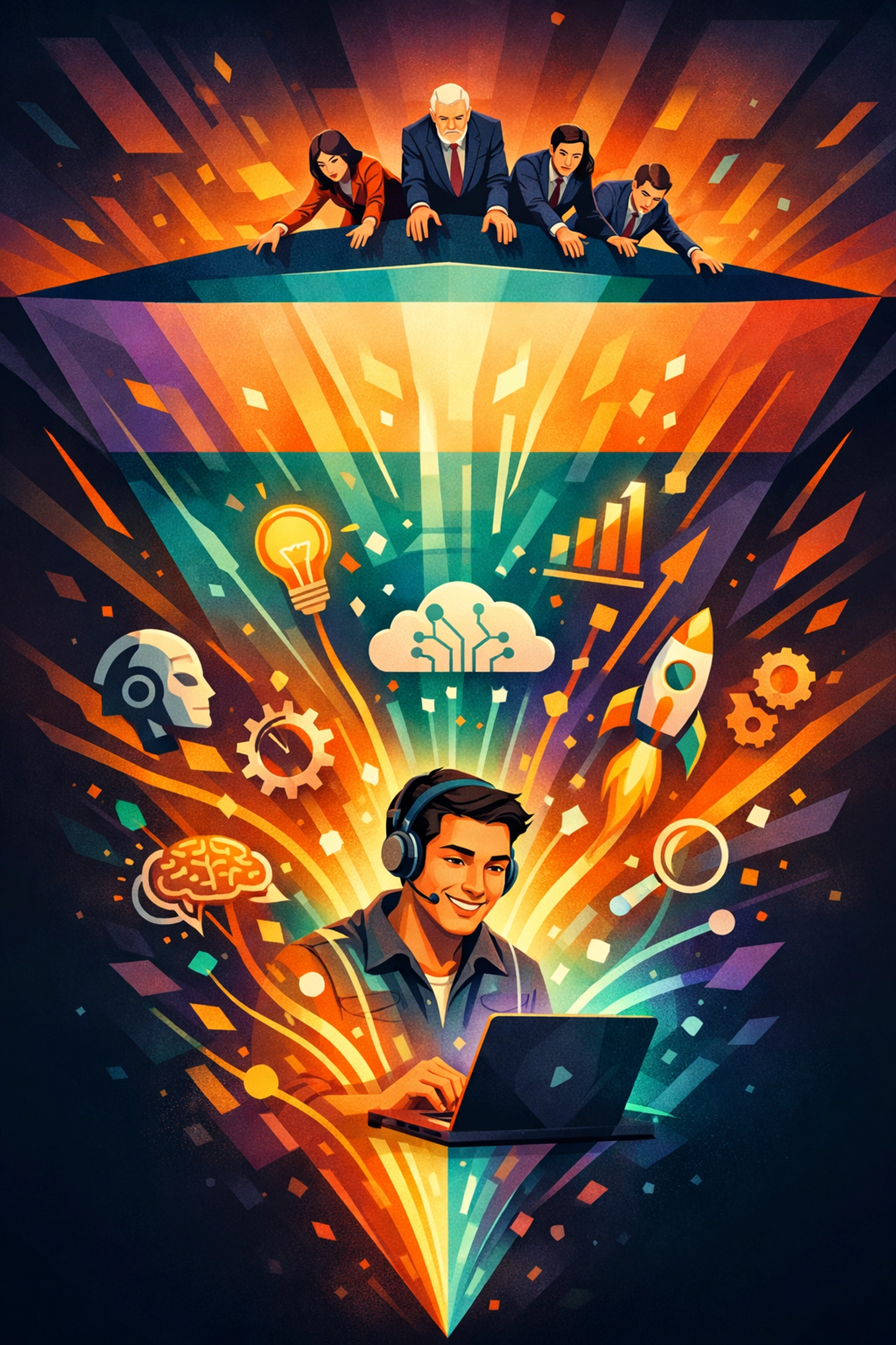 Inverted organizational pyramid showing AI innovation emerging from frontline employees