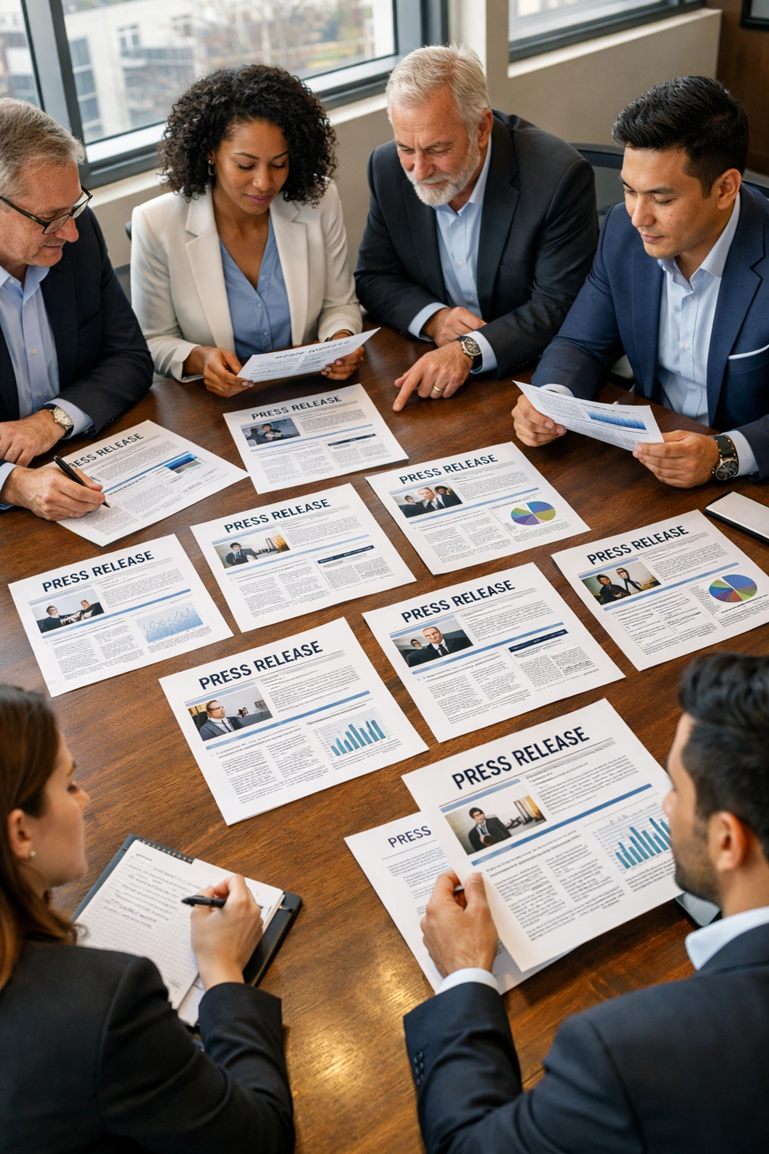 PR team reviewing consistent branded press releases ensuring uniform messaging across campaigns