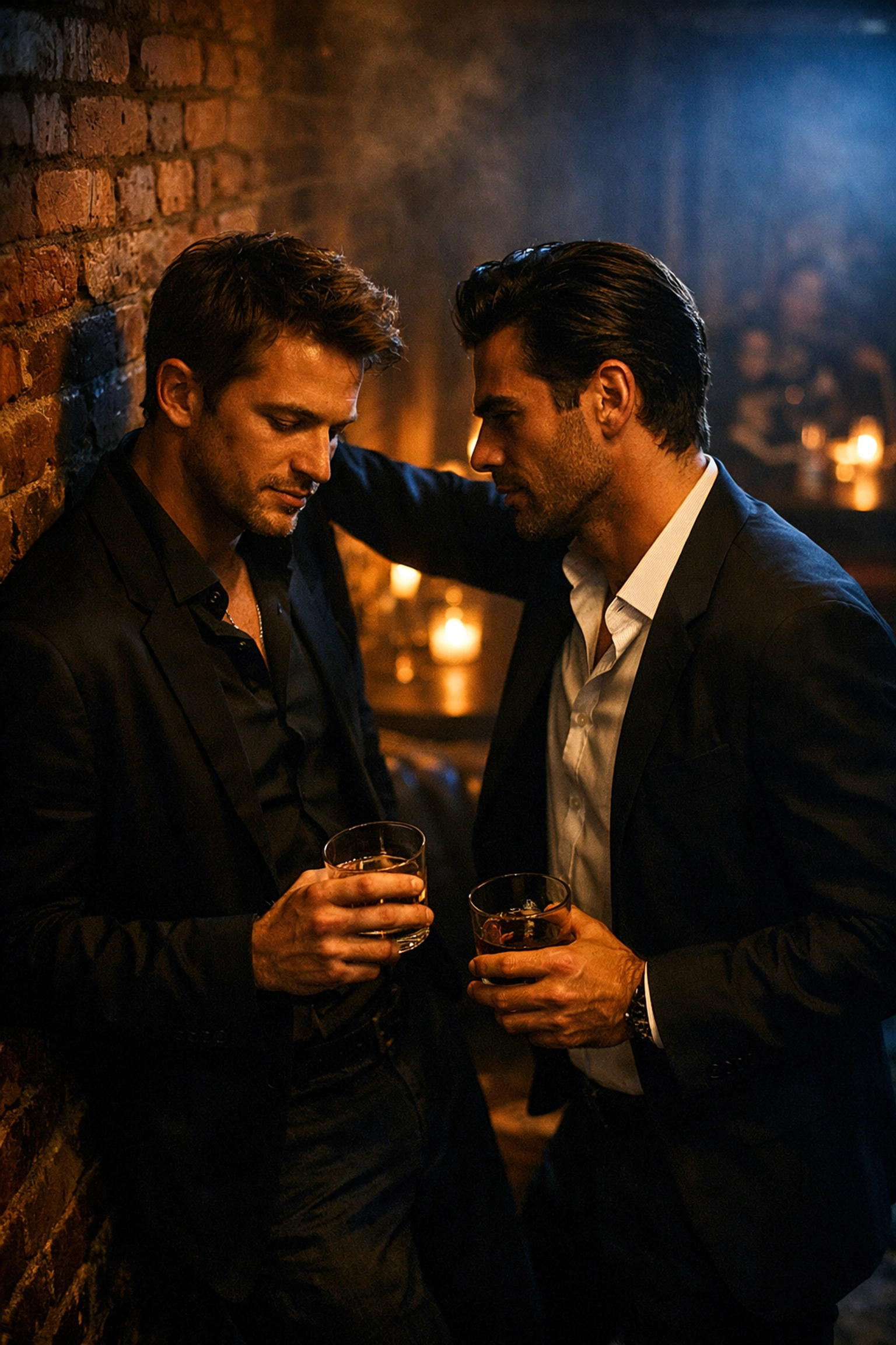 Two men in intimate conversation at a private party, exploring MM connection beyond physical attraction