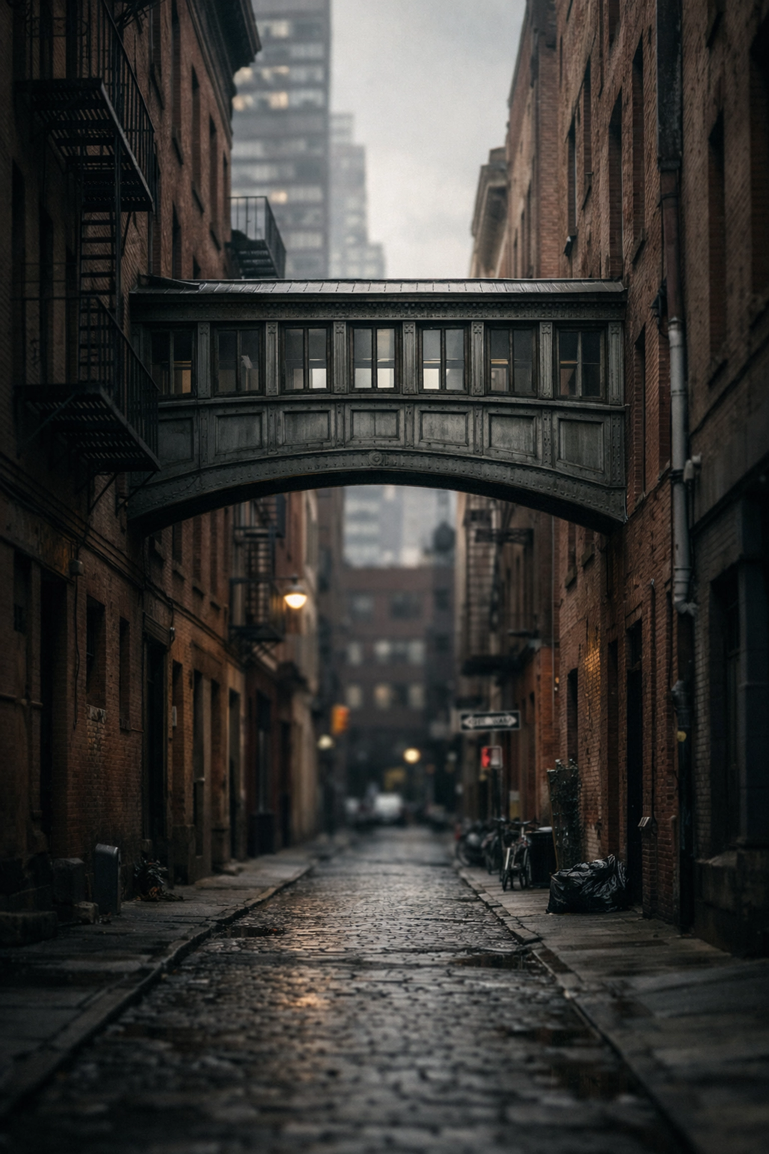 The historic Staple Street Skybridge in Tribeca, a moody and iconic NYC photography location.