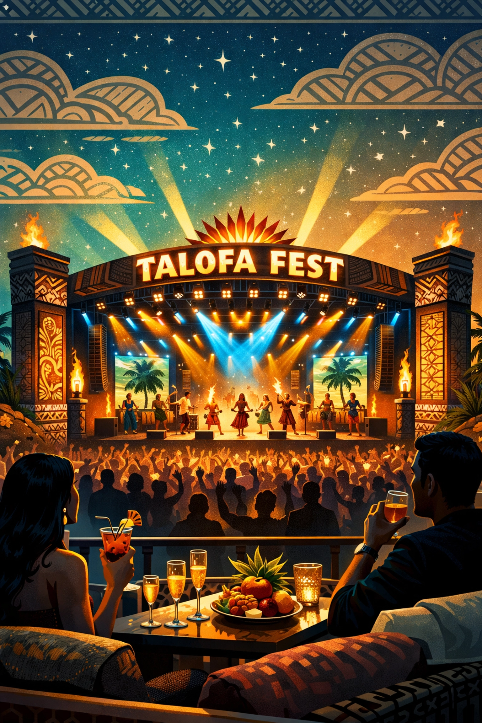 View of the Talofa Fest 2026 main stage with modern Polynesian decor and festival crowds.