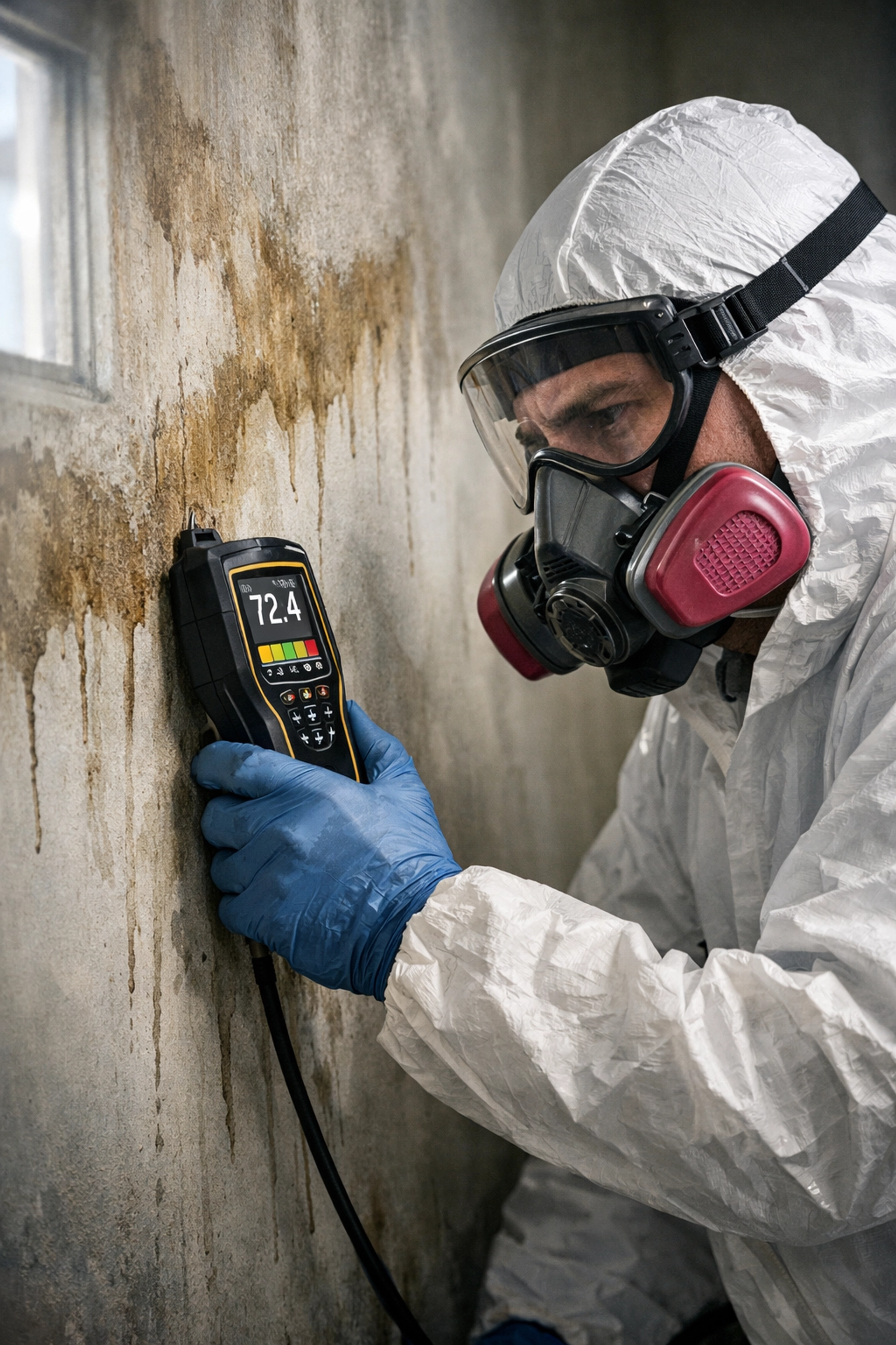 Professional water damage restoration technician using moisture meter on damaged wall