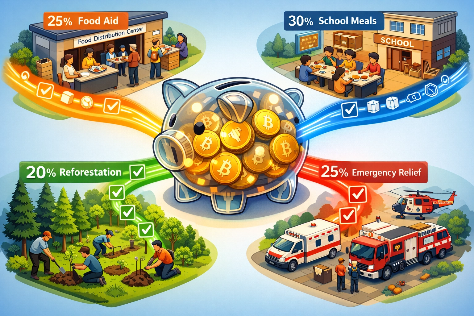 Larecoin charitable fund allocation to hunger relief, education, reforestation, and emergency response