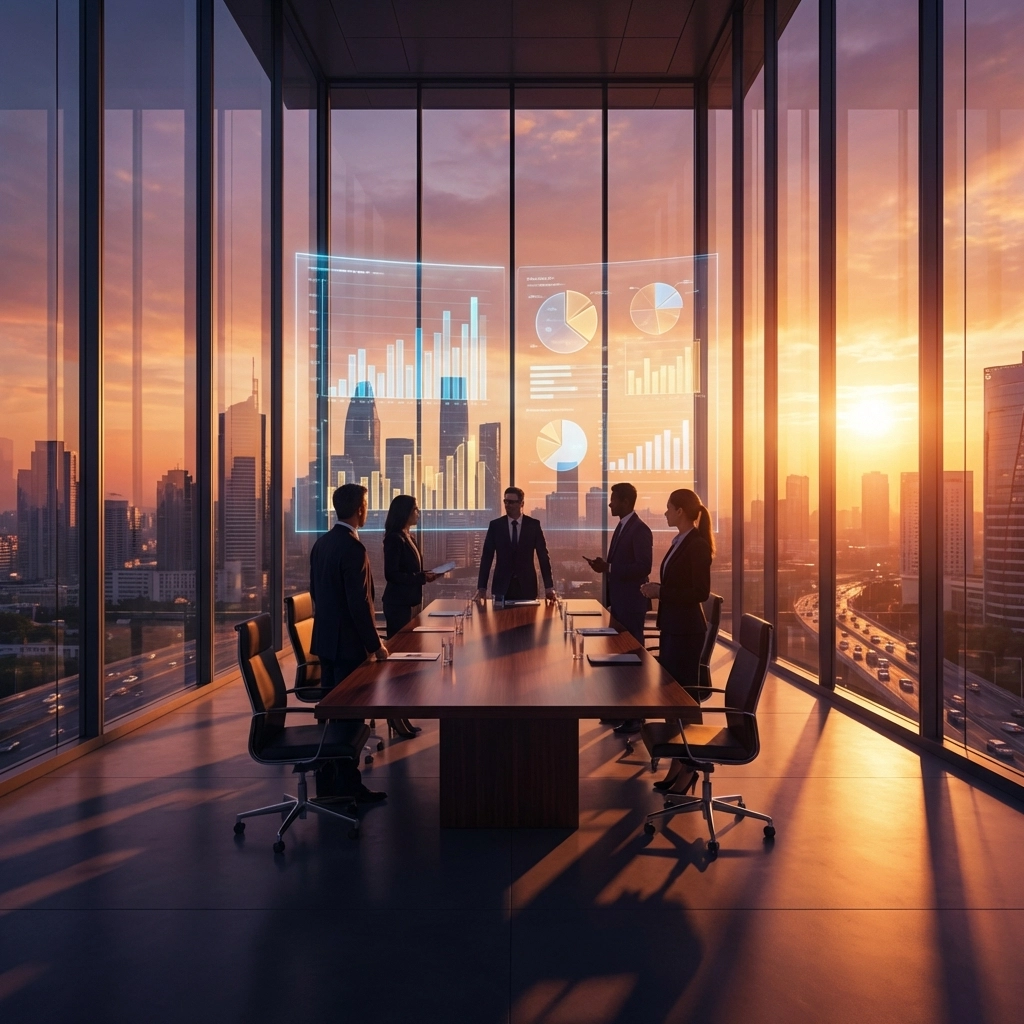 Institutional investors meeting in a boardroom reviewing alternative investment growth charts at sunset