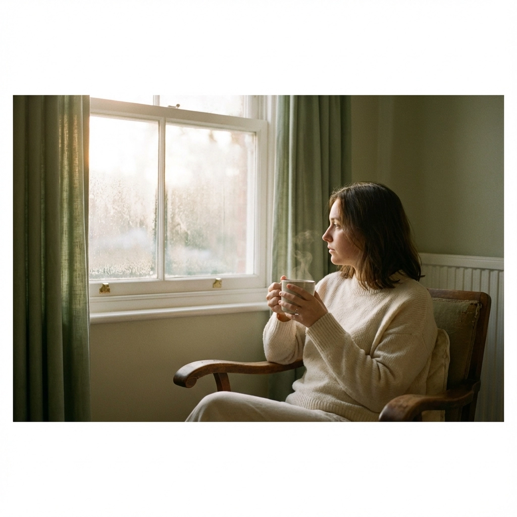 grieving woman looking out window.