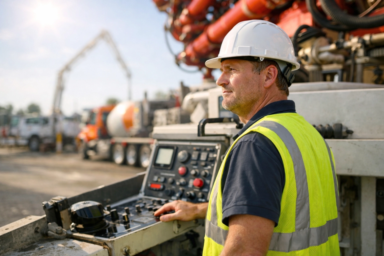 An experienced concrete pump operator wearing safety gear at the control station of a pump truck.