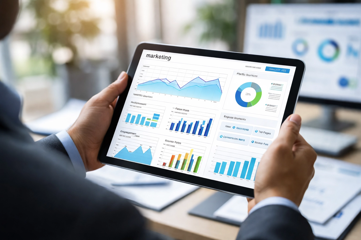 Marketing professional analyzing digital signage engagement metrics and brand impact on a tablet