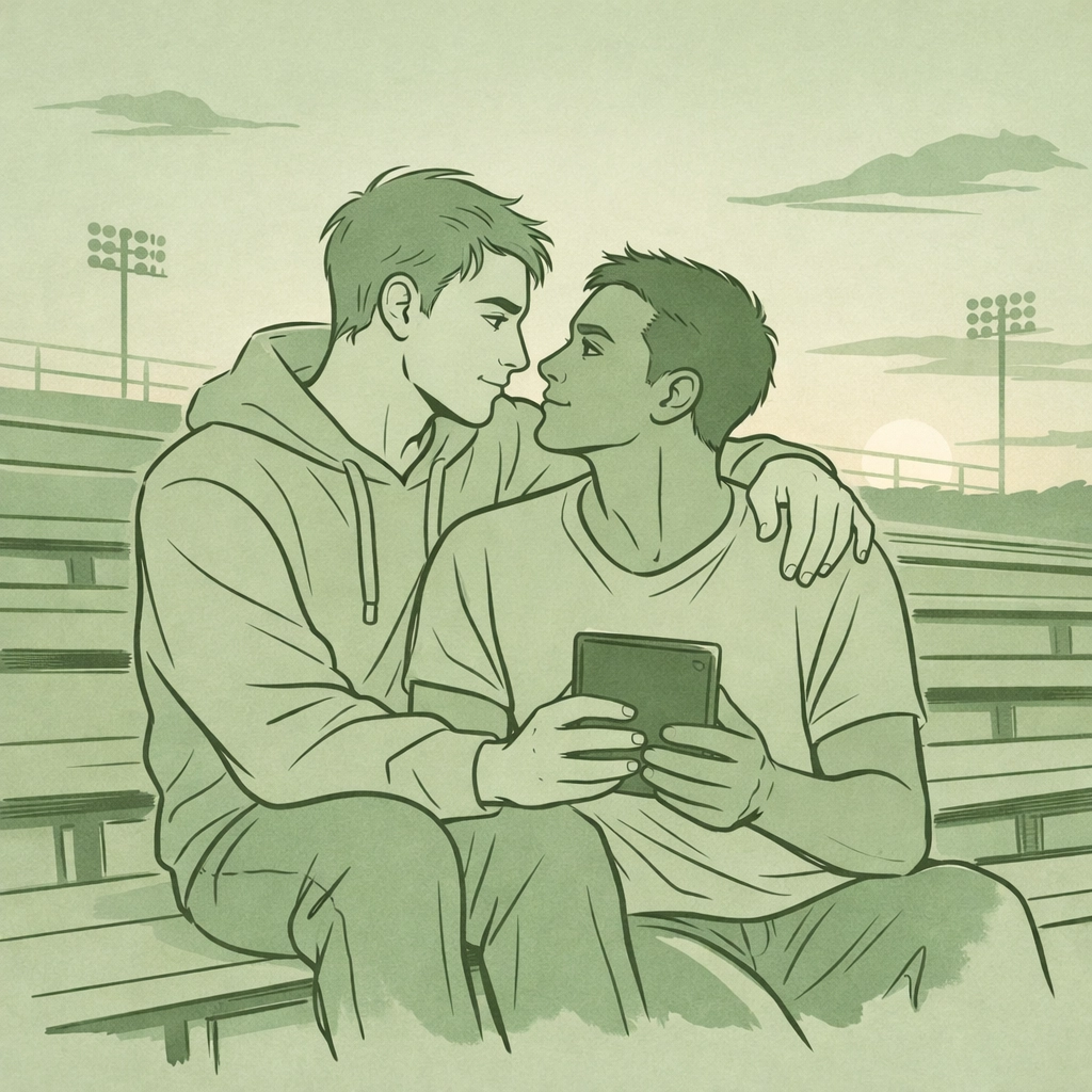 A gay couple sitting on stadium bleachers sharing an emotional moment reading an MM romance ebook.