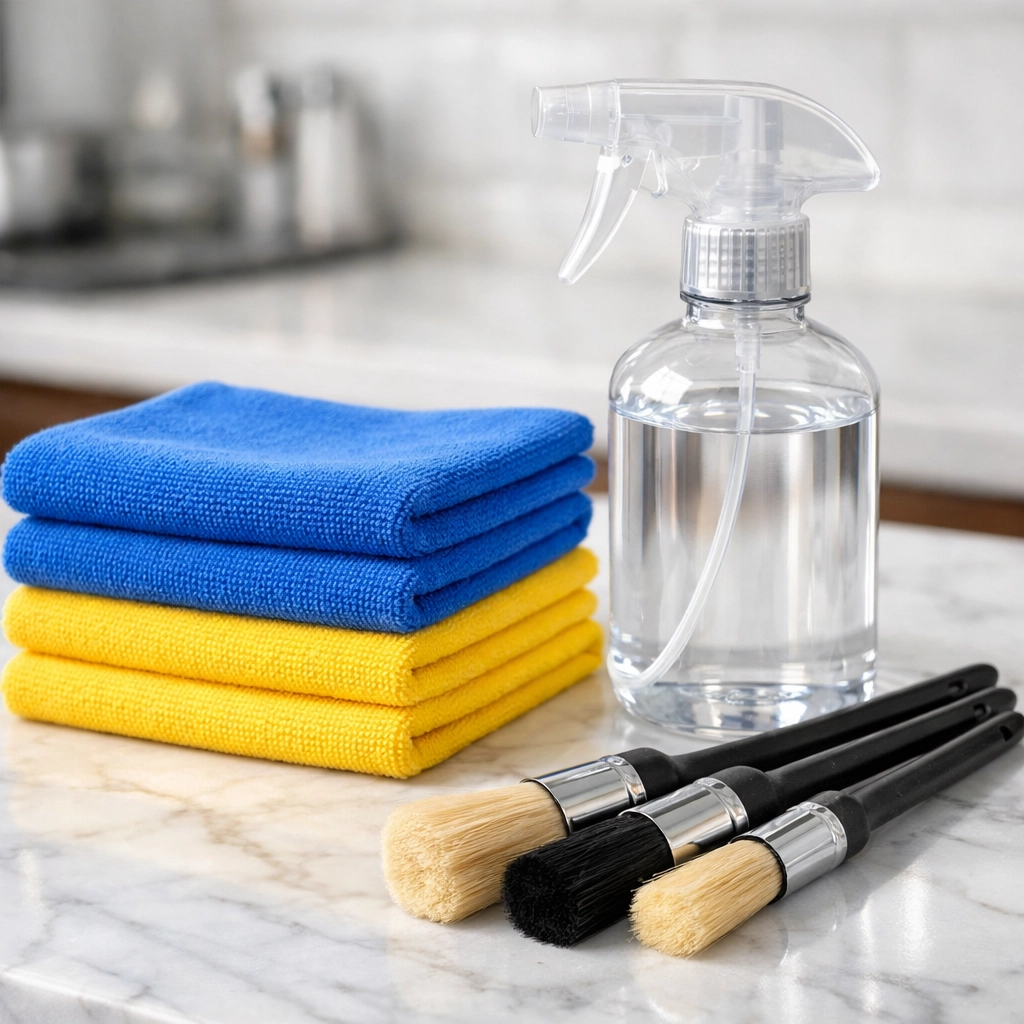 Professional house cleaning tools for maintaining a weekly apartment cleaning schedule.