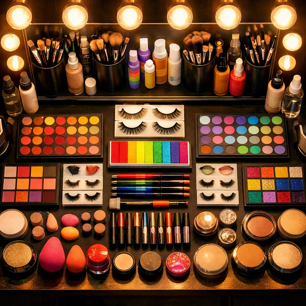 Drag queen makeup station with brushes, palettes, and false lashes ready for transformation