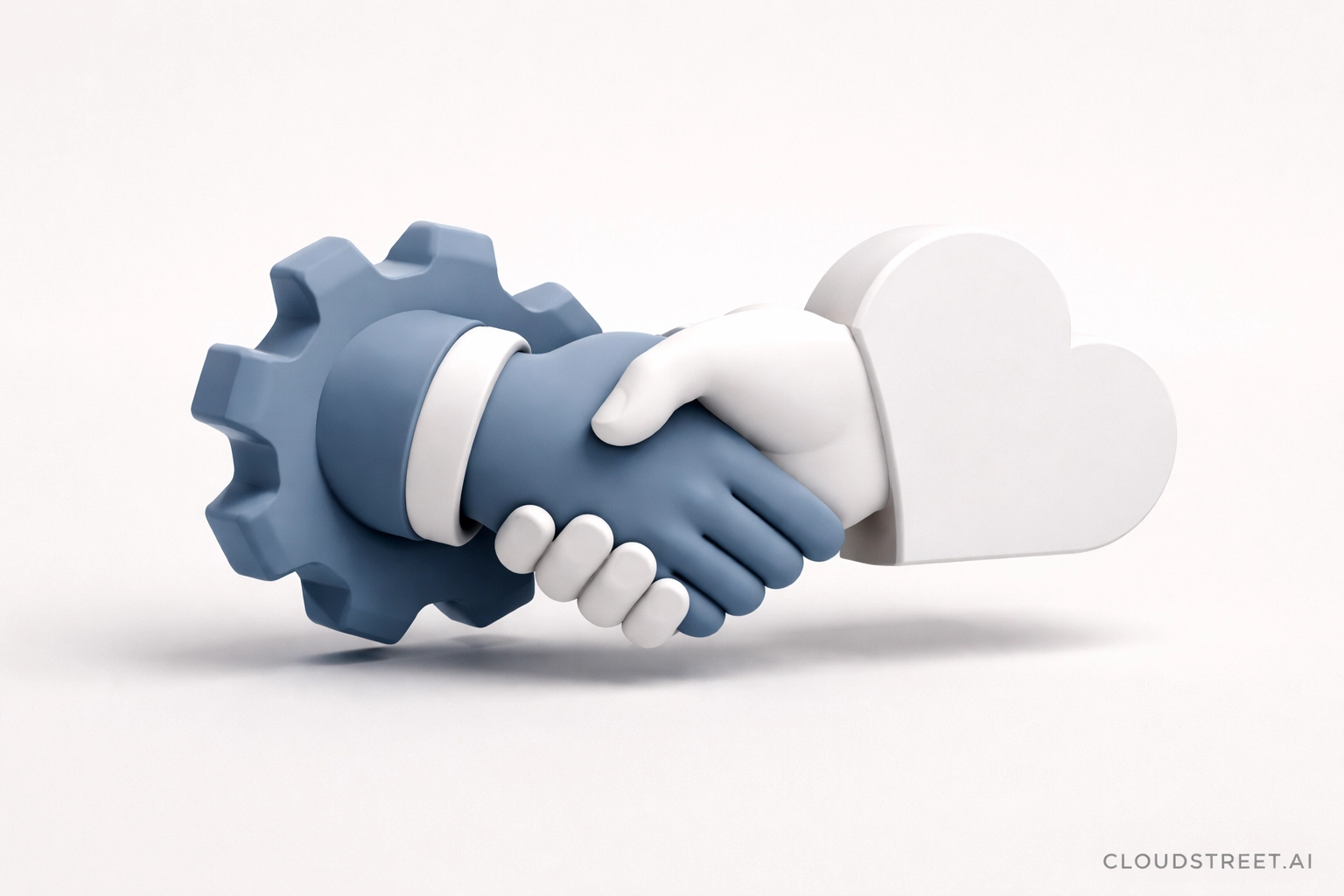Handshake between gear and cloud shapes highlighting trusted partnership for LaMotte's Salesforce-driven digital transformation.
