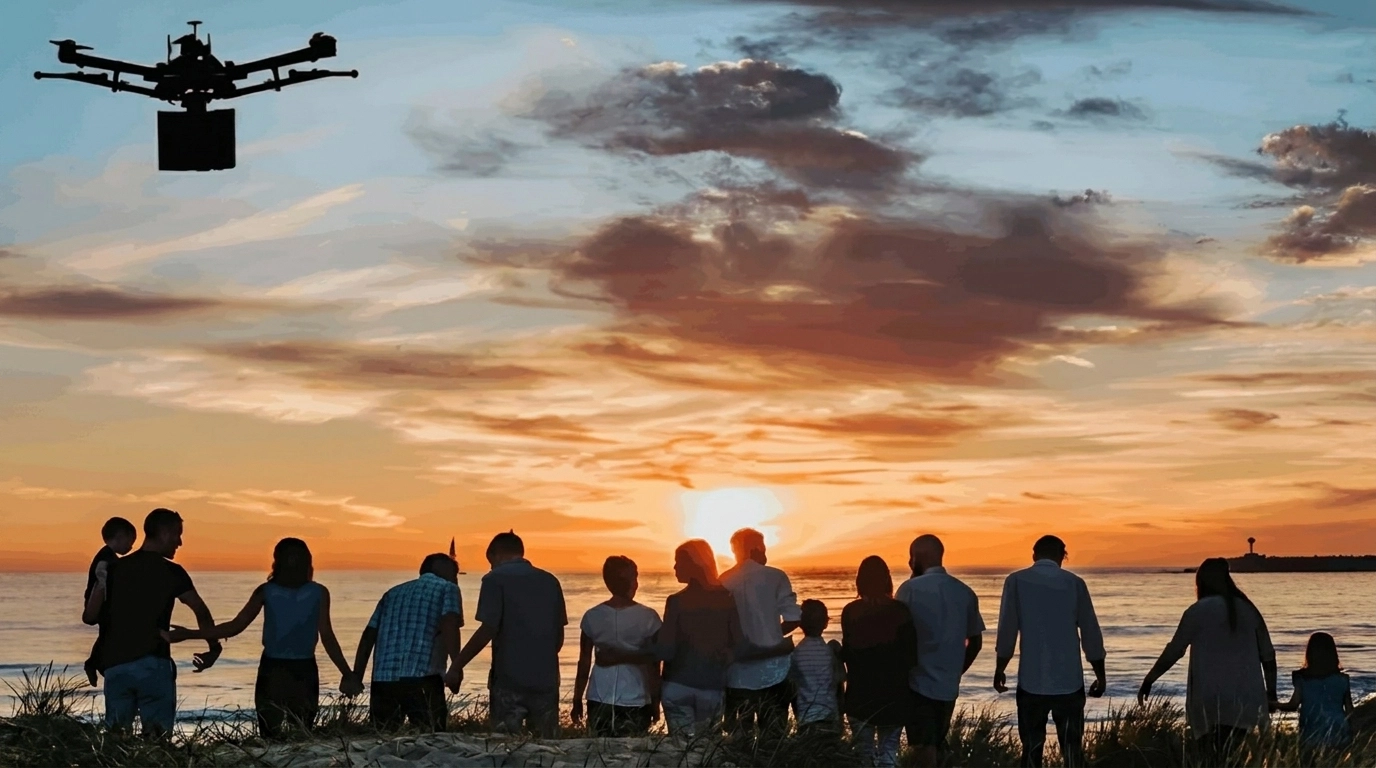 A family standing on the dunes at Hayle Towans watching a drone memorial ceremony