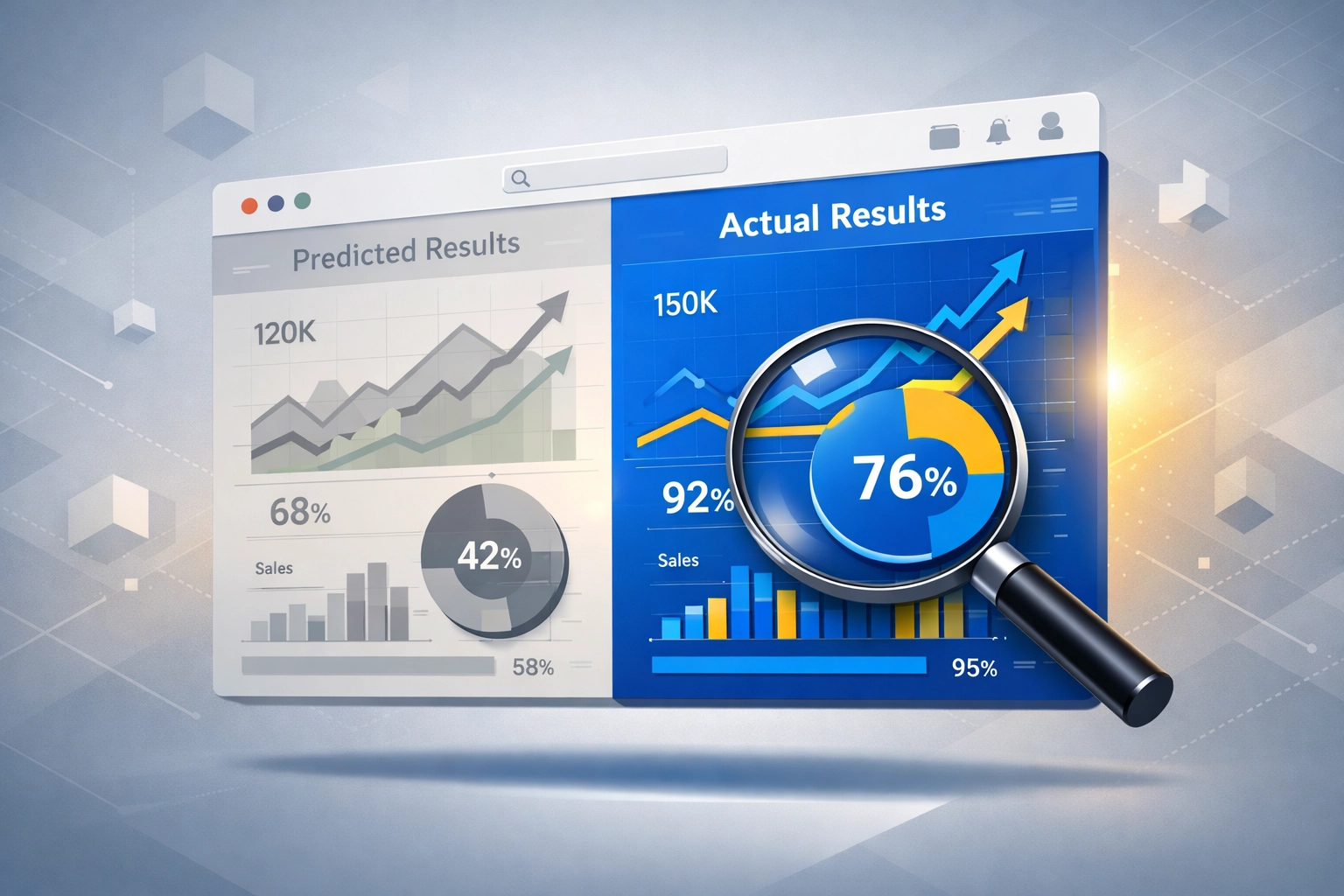 Analytics dashboard comparing predicted vs actual marketing data results