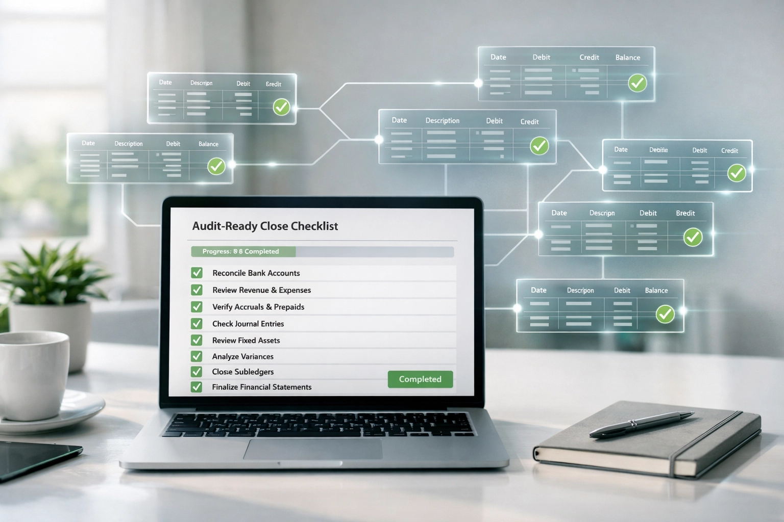 Clean, modern desk setup showing an audit-ready close checklist with verified ledger links for investor confidence.