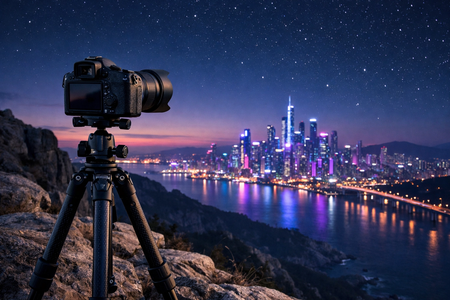 Camera on a tripod overlooking a neon city skyline at dusk, essential for mastering your camera in 2026.