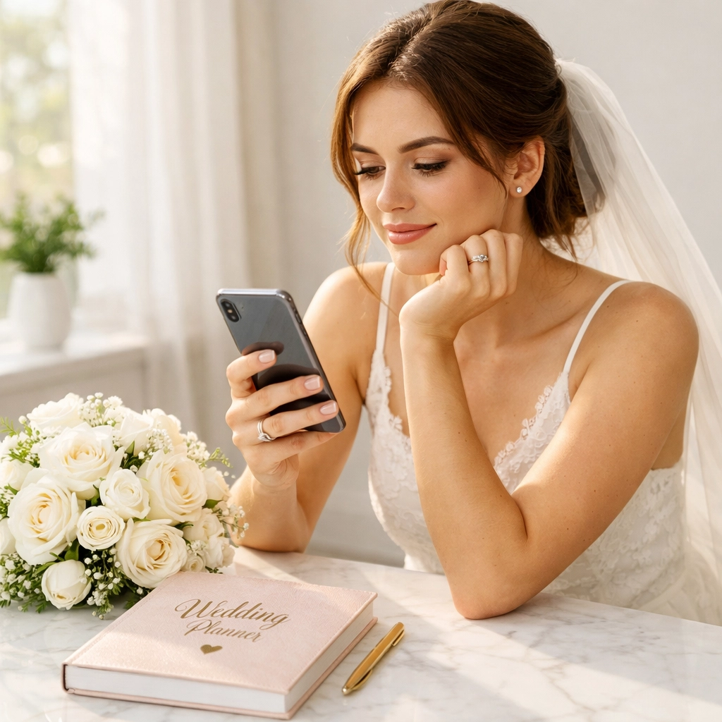 Bride using a smartphone to manage her digital wedding RSVP and avoid traditional registry debt.