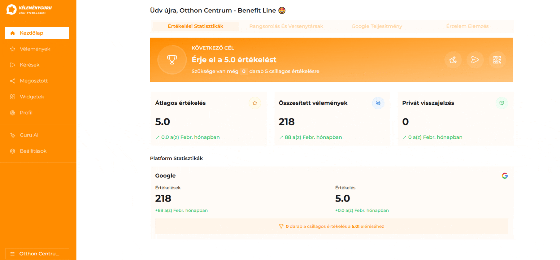 VéleményGuru platform főoldali statisztikai nézete