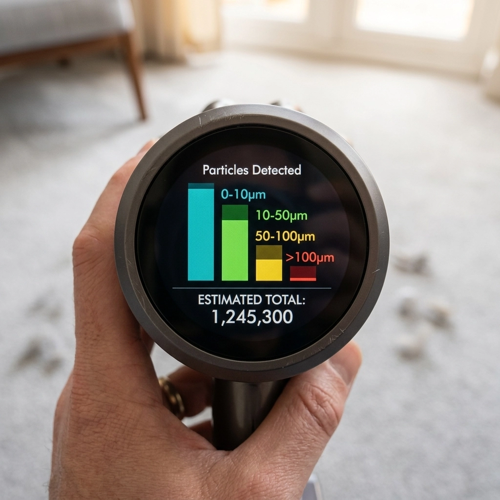 LCD screen displaying dust categorization data
