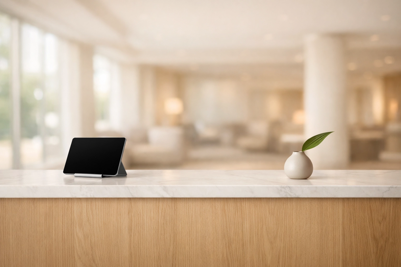 Minimalist hotel reception desk with a tablet representing seamless integrated payments in a modern PMS.