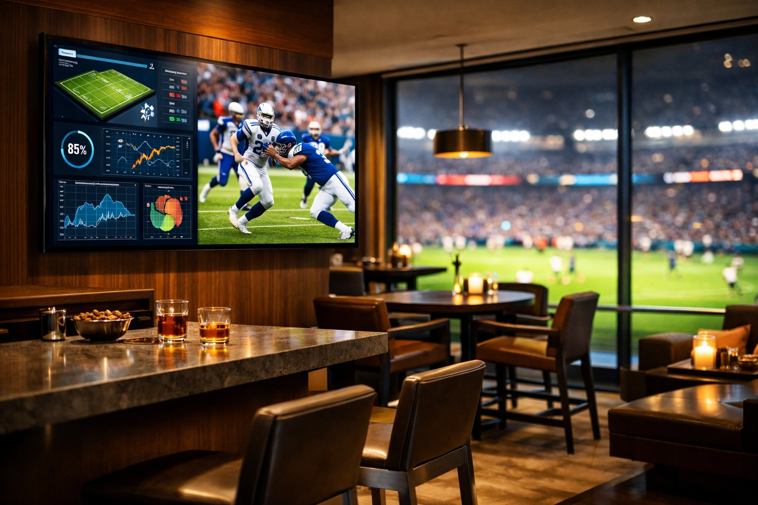 Luxury stadium suite with high-end digital displays and game analytics for premium fan experiences.