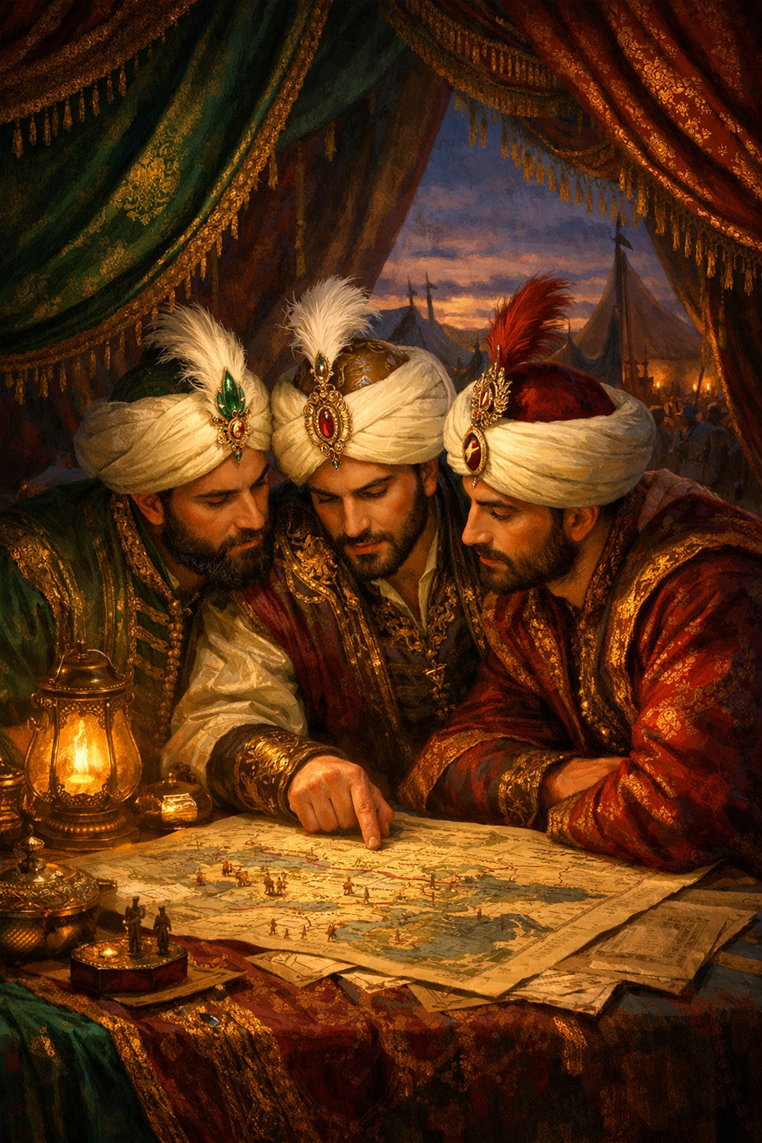 Ottoman military commanders planning Crete campaign strategy in war council tent