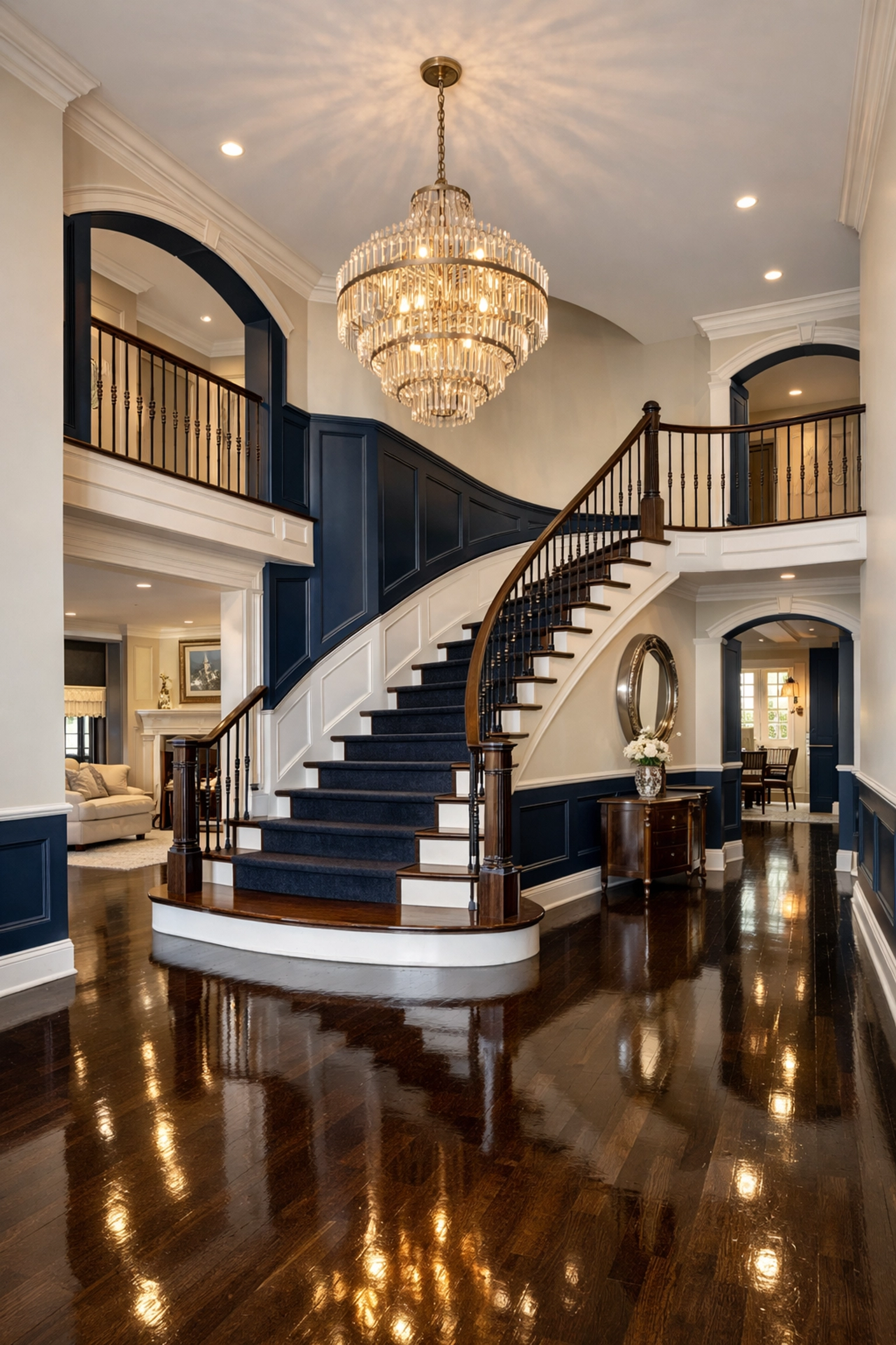 High-end foyer with polished floors cleaned by professional cleaners Newton MA.