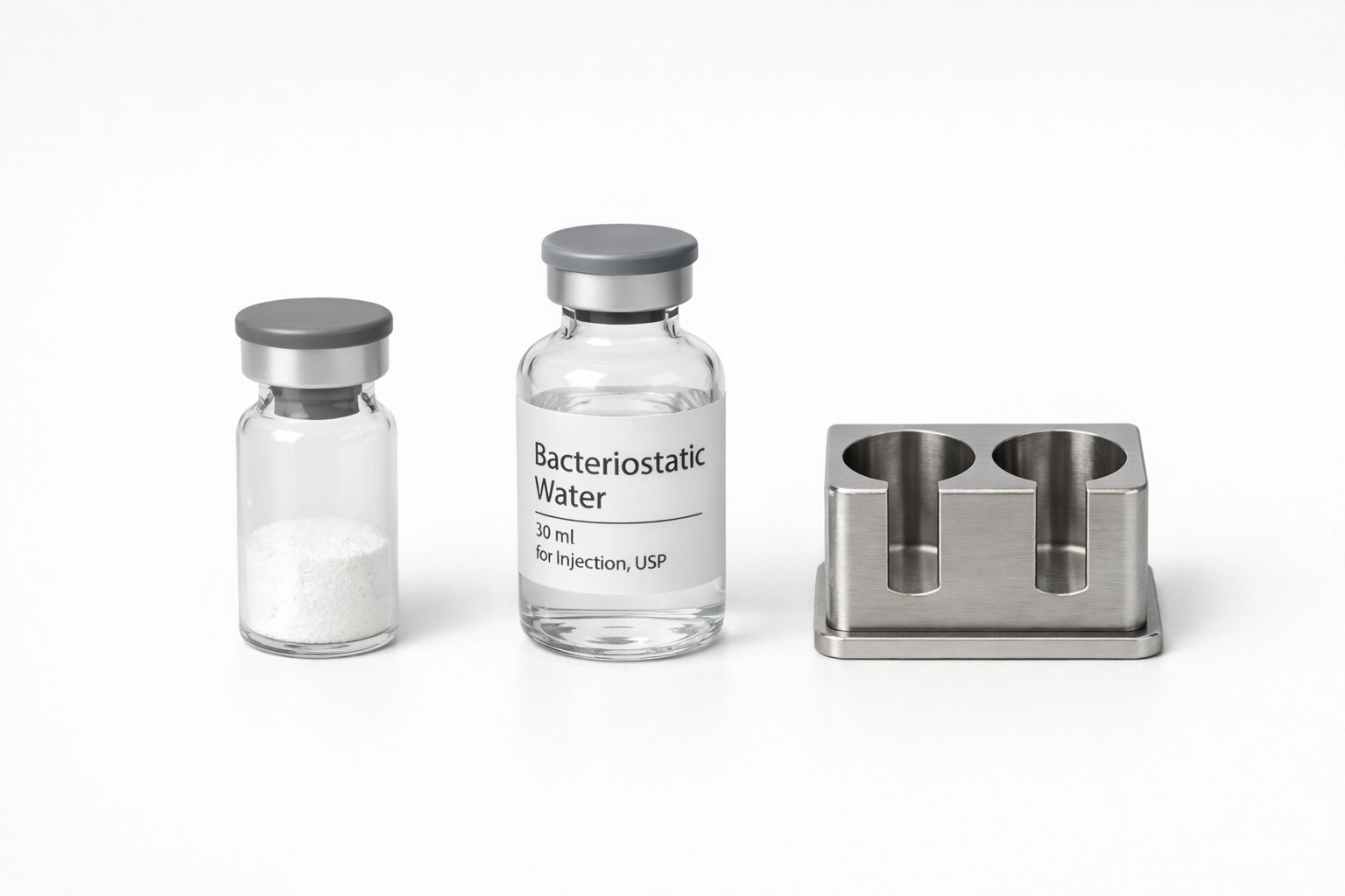 Clinical research peptide kit including bacteriostatic water and sterile vials.