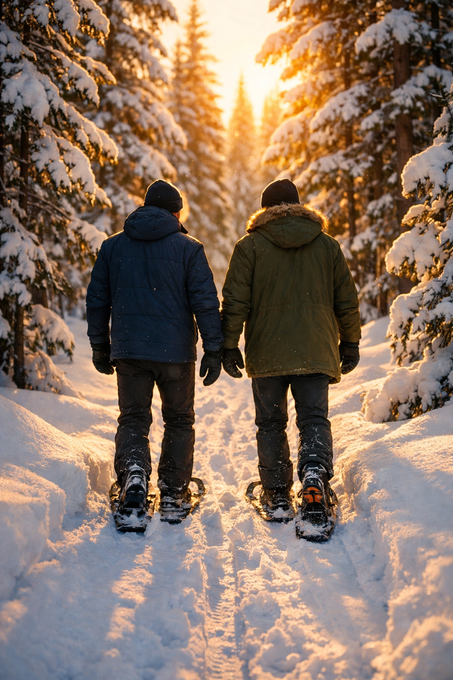Gay couple snowshoeing together through peaceful winter forest trail