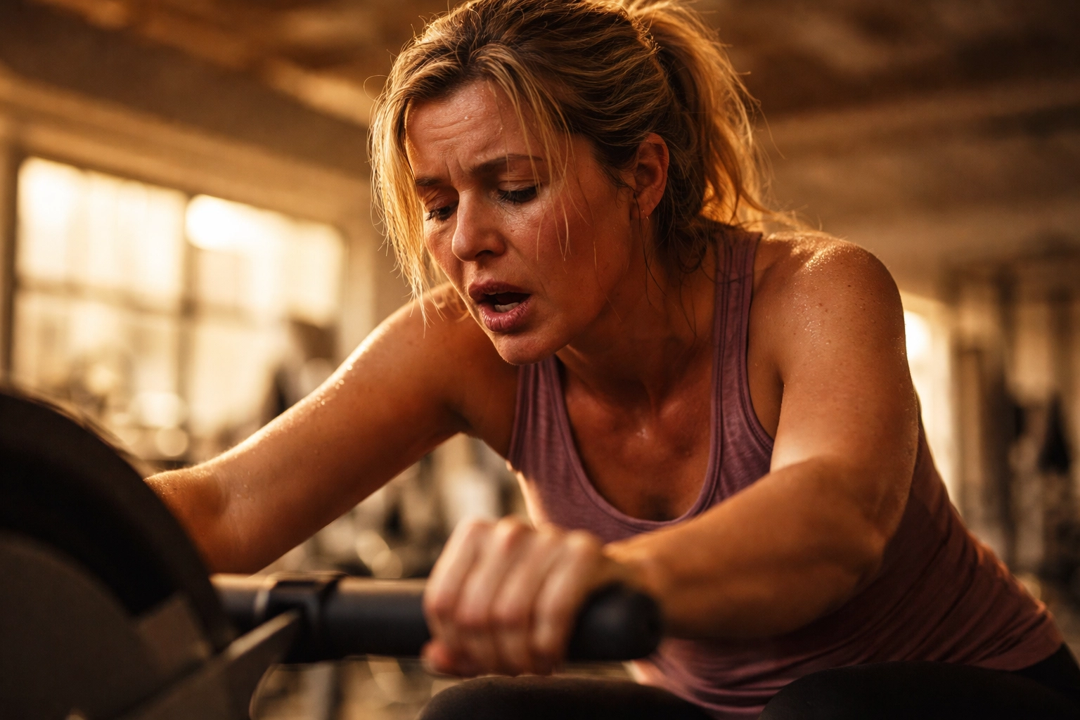 [HERO] Exhausted midlife woman struggling with intense cardio workout, illustrating perimenopause burnout.