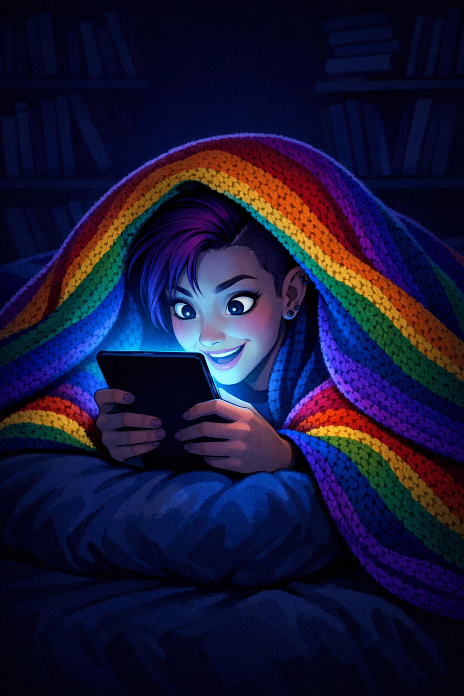 A queer woman reading an LGBTQ+ ebook under a rainbow blanket, lit by her tablet's glow.