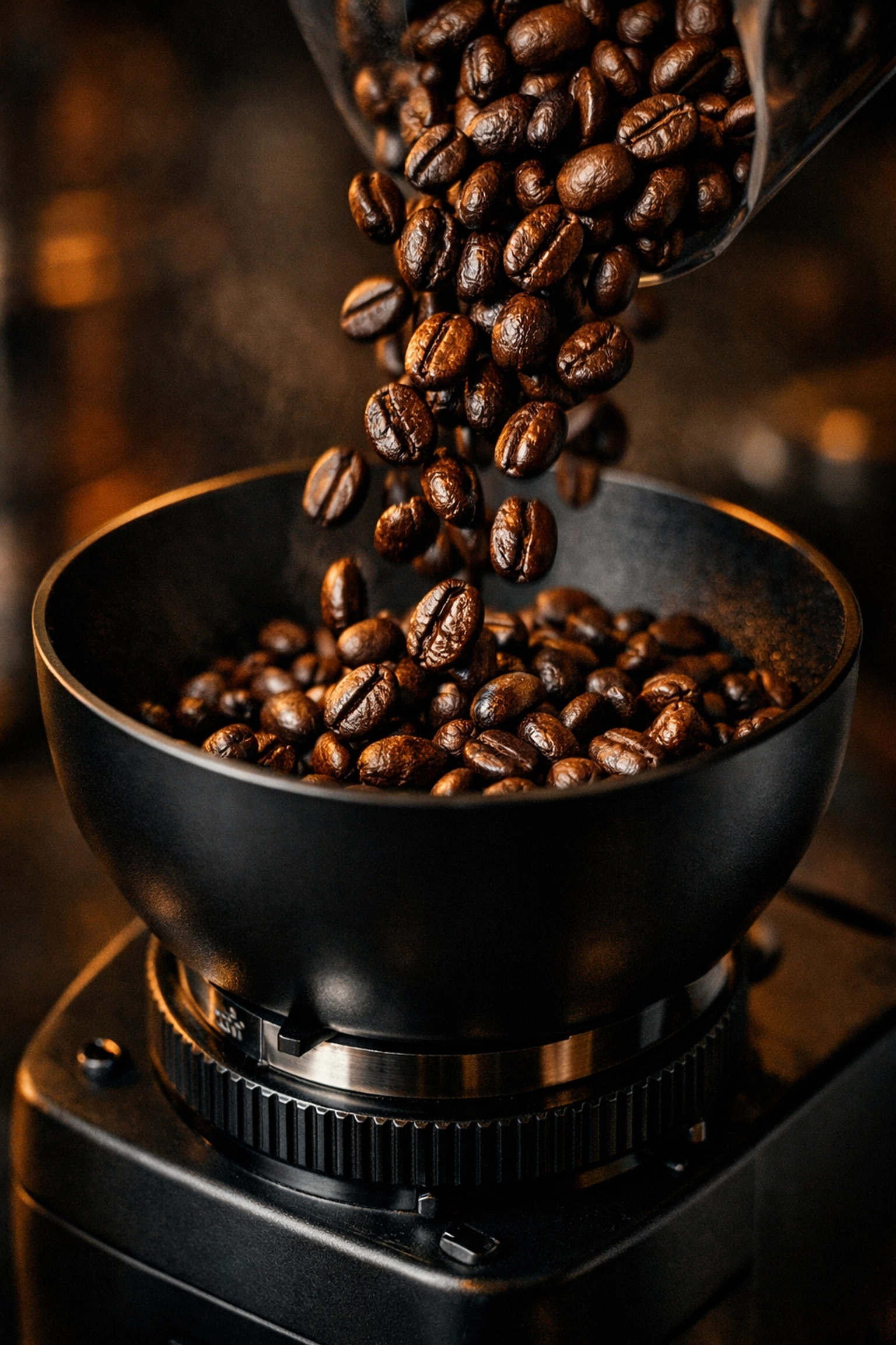 Fresh whole bean specialty coffee cascading into a grinder for a clean, mold-free brew.