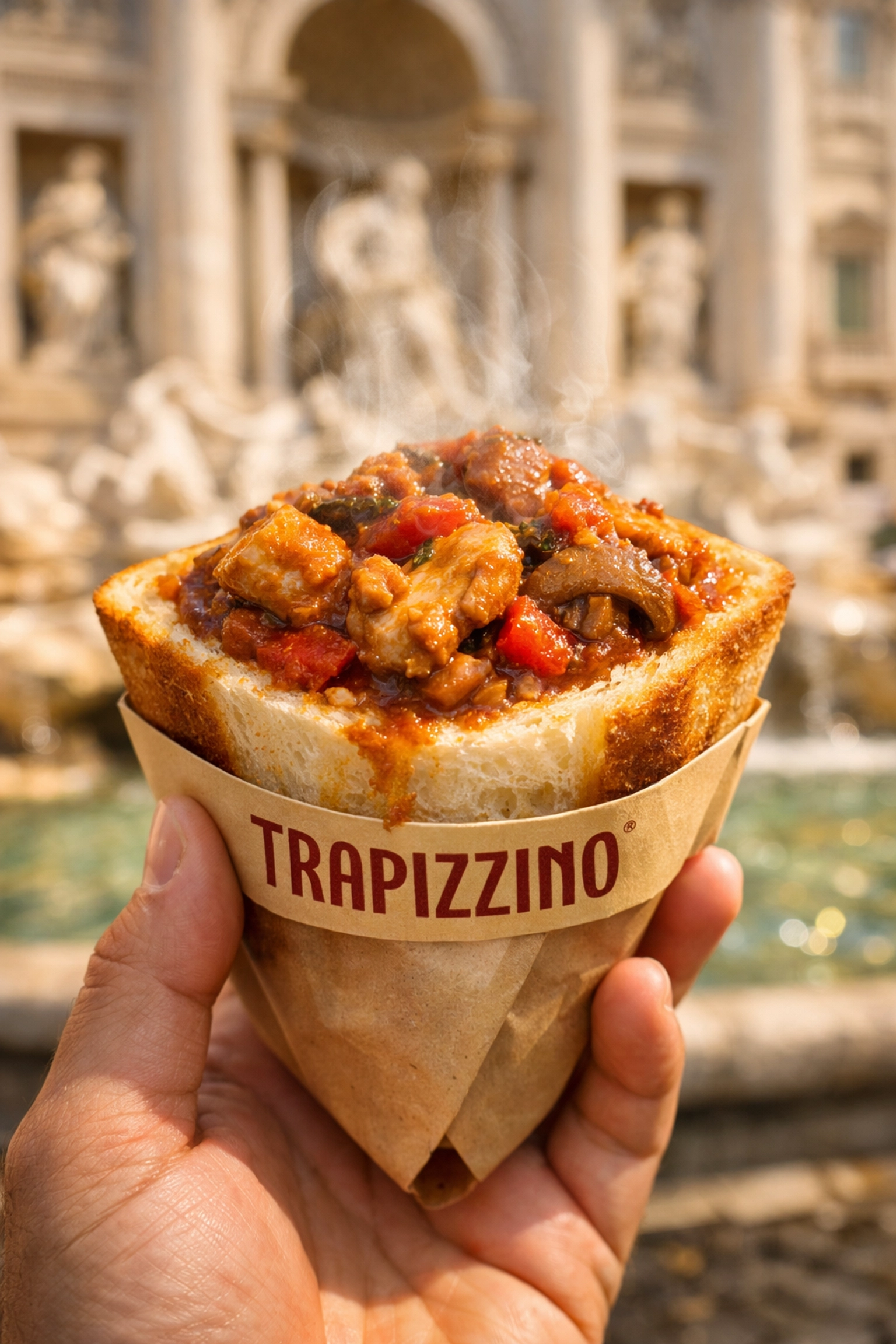 Handheld Trapizzino pizza pocket filled with chicken, a modern Rome street food secret.