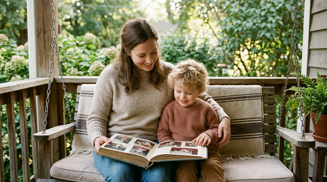 A parent and child looking at a photo album on a porch