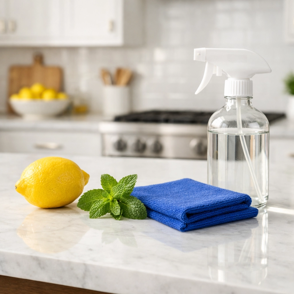 Eco-friendly house cleaning Leominster MA with natural spray and fresh ingredients on a marble island.