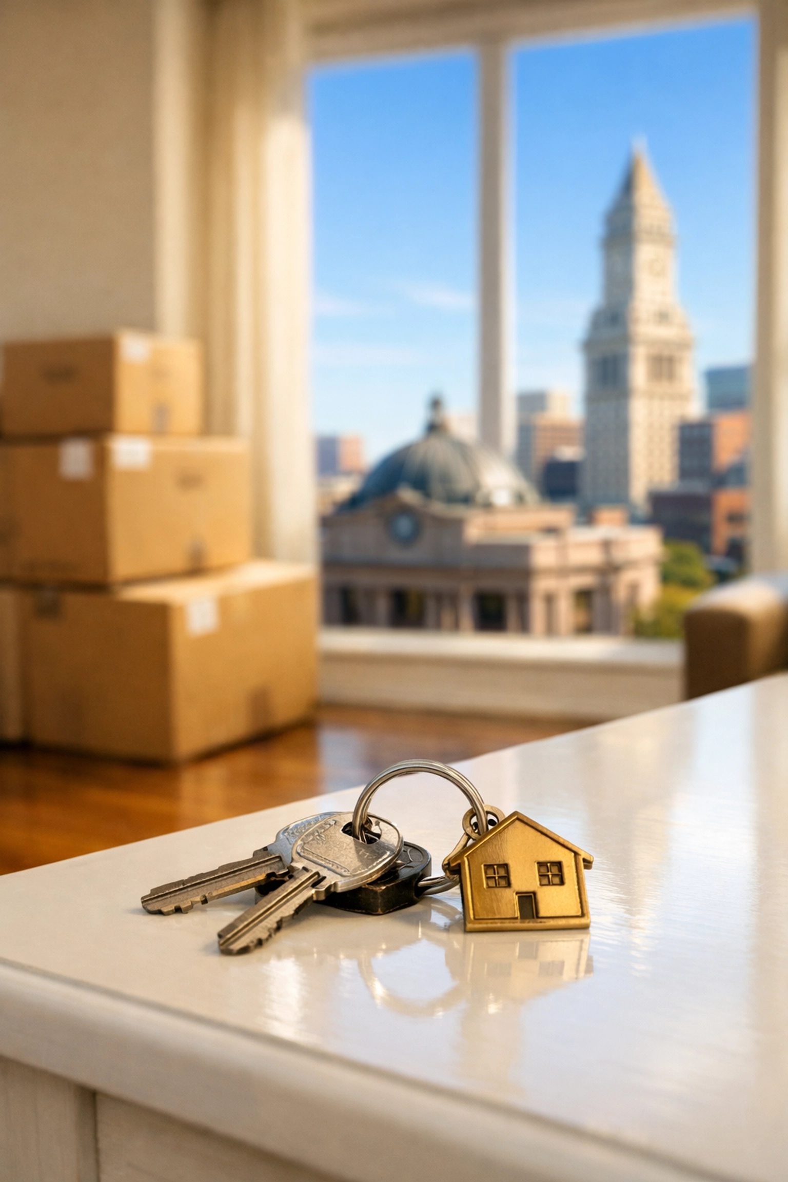 Stress-free move-out cleaning Worcester with house keys and moving boxes in a clean home.