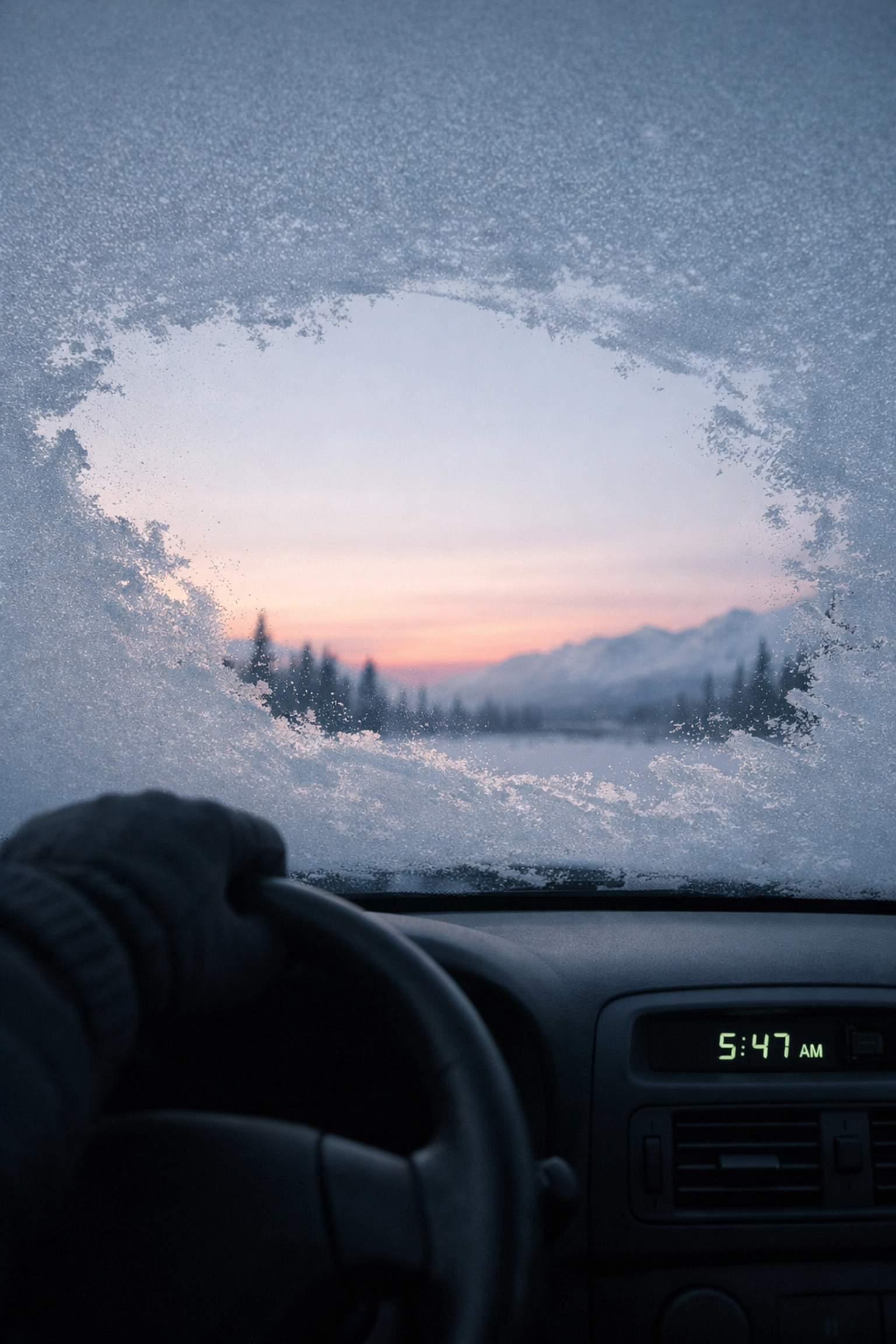 Early morning Alaska mobile notary service driving at dawn through frost