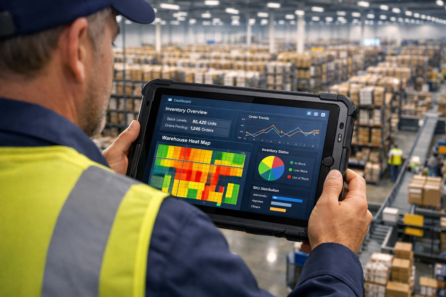 Warehouse manager using a tablet to manage inventory management for ecommerce in a fulfillment center.