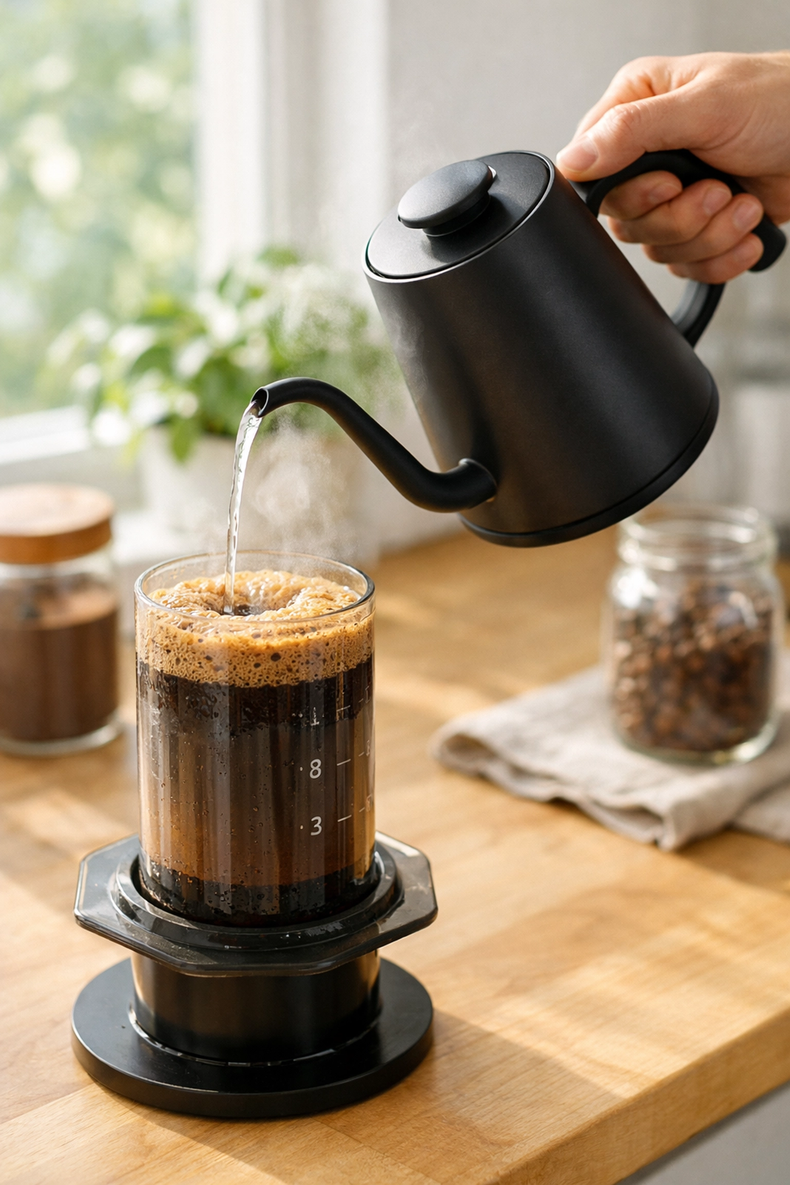 Pouring hot water into an AeroPress to bloom fresh coffee grounds.