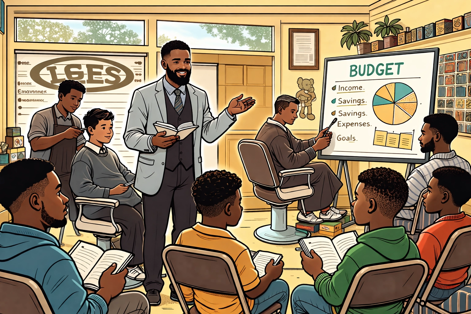 Comic-style illustration of BIPOC men and boys in a barbershop literacy + financial workshop, with books, a budget chart on a board, and warm community vibes (no real photo)