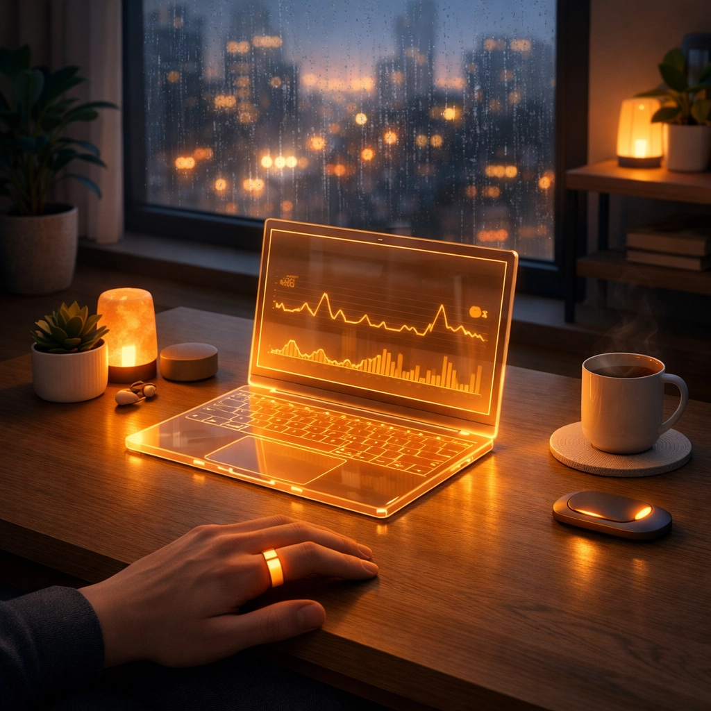 Minimalist home office using biofeedback and wearable tech to create a stress-aware workspace for mental health.